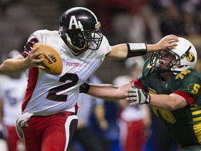 Abbotsford Panthers' quarterback John Madigan straight-armed his team into the Subway Bowl BC final on Saturday. (Gerry Kahrmann, PNG)