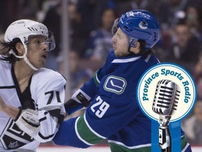 Vancouver Canucks defenceman Andrey Pedan (29) fights with Los Angeles Kings centre Jordan Nolan (71) during first period NHL action Vancouver, B.C. Monday, Dec. 28, 2015. THE CANADIAN PRESS/Jonathan Hayward