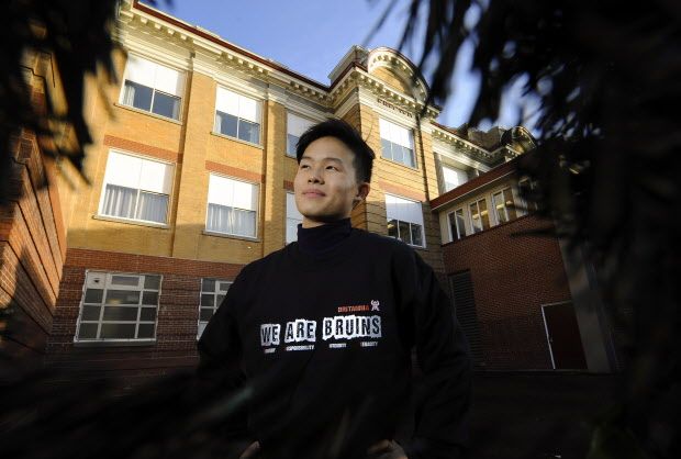 Vancouver B.C. December 16, 2015 Helping others-- Timme Zhao -- collected apparently goods for charity here at his Britannia Secondary School in Vancouver on December 16, 2015. Zhao also featured in and around the school where he has worked diligently for the Vancouver Food bank and other charities. Mark van Manen /PNG