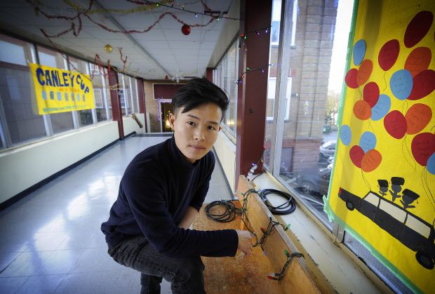 Vancouver B.C. December 16, 2015 Helping others-- Timme Zhao -- collected goods for charity here at his Britannia Secondary School in Vancouver on December 16, 2015. Zhao also featured in and around the school where he has worked diligently for the Vancouver Food bank and other charities. Mark van Manen /PNG