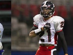 Mt. Douglas' Gavin Cobb (left, 11) and Abbotsford's Chase Claypool were selected the top AA and AAA players at Tuesday's Subway Bowl 2015 wards banquet at the Italian Cultural Centre. (PNG photos)