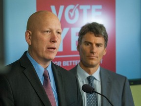 Port Coquitlam Mayor Greg Moore (left) and Vancouver Mayor Gregor Robertson were two leaders on the Mayors’ Council on Regional Transportation who failed to convince Metro Vancouver taxpayers to add a new sales tax to fund TransLink despite spending nearly $6 million of public funds to promote their proposed tax and transportation plan.
(ARLEN REDEKOP/PNG FILES)