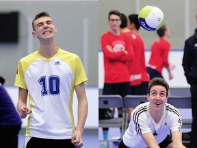 MEI's Kaden Gamache (left) celebrates a point while Clarence Fulton's Danny Aspenlieder digs to help create another Wednesday during opening round of B.C. Boys AA volleyball championships at the Langley Events Centre. (Nick Procaylo PNG)