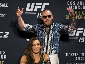 UFC 197 fighter Conor McGregor arrives late for a press conference at the MGM Grand in Las Vegas on Wednesday, January 20, 2016. (L.E. Baskow/Las Vegas Sun via AP)