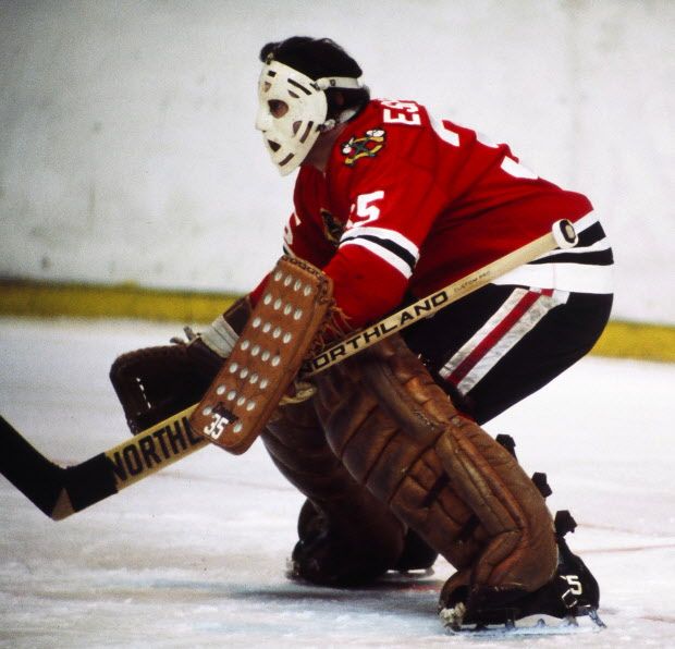 Tony Esposito of the Chicago Blackhawks tends goal in game against the Boston Bruins at Boston Garden in the 1970s. Credit: Steve Babineau/NHLI via Getty Images