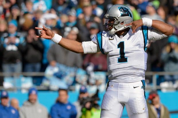 CHARLOTTE, NC - JANUARY 17:  Cam Newton #1 of the Carolina Panthers indicates a first down against the Seattle Seahawks in the 2nd quarter during the NFC Divisional Playoff Game at Bank of America Stadium on January 17, 2016 in Charlotte, North Carolina.  (Photo by Grant Halverson/Getty Images)