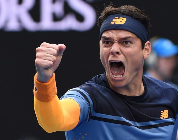 TOPSHOT - Canada's Milos Raonic celebrates after victory in his men's singles match against Switzerland's Stanislas Wawrinka on day eight of the 2016 Australian Open tennis tournament in Melbourne on January 25, 2016. AFP PHOTO / WILLIAM WEST-- IMAGE RESTRICTED TO EDITORIAL USE - STRICTLY NO COMMERCIAL USE / AFP / WILLIAM WESTWILLIAM WEST/AFP/Getty Images