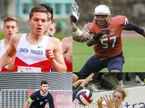 SFU Clan's brainiac foursome (clockwise from top left) Lorenzo Smith, Jordan Herdman, Christine Howlett, Brandon Watson. (Photos -- Ron Hole, SFU athletics)