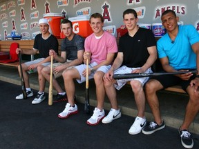 Back in June 2010, Emerson Etem was on the verge of being drafted 29th overall by the Anaheim Ducks. but first, batting practice at Angel Stadium on draft week. With Etem, from left, fellow draftees Taylor Hall (Edmonton Oilers), Brett Connolly (Boston Bruins), Cam Fowler (Ducks) and Tyler Seguin (Dallas Stars).