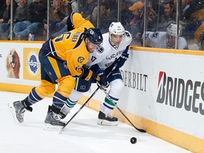 Canucks like Radim Vrbata will want to be tough on Shea Weber tonight. The Nashville stalwart is one of the highest-scoring defencemen yet again in the NHL. He has eight power-play goals, leaving him tied for second amongst blueliners. (Getty Images Files.)