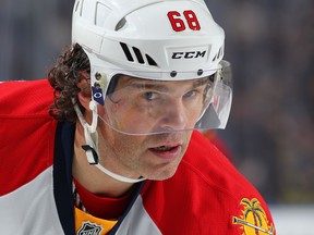 Jaromir Jagr will look to improve on the 14 goals and 37 points he has in 30 career games against the Canucks tonight when Florida stops by Rogers Arena. (Getty Images File.)