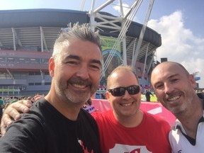 Matt Davey, left, and his Ticket Rocket business partner Sean Toohey and Chris Noel at the 2015 Rugby World Cup. Davey, a Victoria native, is the lead investor of the Highlanders of Super Rugby.
