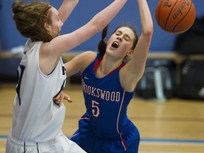 Seycove's Kayla Krug (left) makes life tough for Brookswood's Louise Forsyth in the Top 10 Shoot-Out championship final Saturday in Coquitlam. (PNG photo by Gerry Kahrmann)