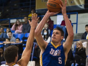 UBC Thunderbirds’ forward Conor Morgan (right) averaged 26 points per game in a two-game weekend series against the Regina Cougars Friday and Saturday at War Memorial Gymnasium, but the CIS No. 8-ranked ‘Birds were forced to settle for a split. (Richard Lam, UBC athletics)