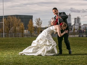 The Samsons on the wedding day in October 2012. Maria was already capped by Rugby Canada; Mozac will play his first game for Canada this Saturday vs. Uruguay.