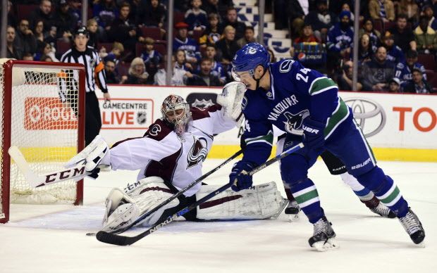 Feb 21, 2016; Vancouver, British Columbia, CAN; Vancouver Canucks forward Adam Cracknell (24) scores against Colorado Avalanche goaltender Semyon Varlamaov (1) during the first period at Rogers Arena. Mandatory Credit: Anne-Marie Sorvin-USA TODAY Sports ORG XMIT: USATSI-229592