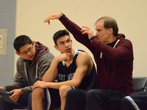 Former Canadian national team player and current Port Moody Blues’ Grade 9 boys coach Alex Devlin offer a quick teaching moment to Blues’ senior varsity player Dom Di Stasio. Looking on is team manager Jack Deng. (Howard Tsumura, PNG photo)