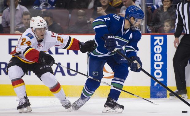 VANCOUVER February 06 2016. Vancouver Canucks #2 Dan Hamhuis turns to keep the puck from Calgary Flames #24 Jiri Hudler in the second period of a regular season NHL hockey game at Rogers Arena, Vancouver, February 06 2016.  Gerry Kahrmann  /  PNG staff photo) / PNG staff photo) ( For Prov / Sun Sports) 00041602A [PNG Merlin Archive]