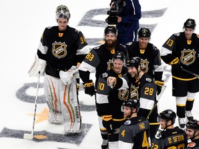 The Pacific Division All-Stars celebrate defeating the Atlantic Division All-Stars in the 2016 Honda NHL All-Star Final Game between the Eastern Conference and the Western Conference at Bridgestone Arena on January 31, 2016 in Nashville, Tennessee.  (Photo by Sanford Myers/Getty Images)