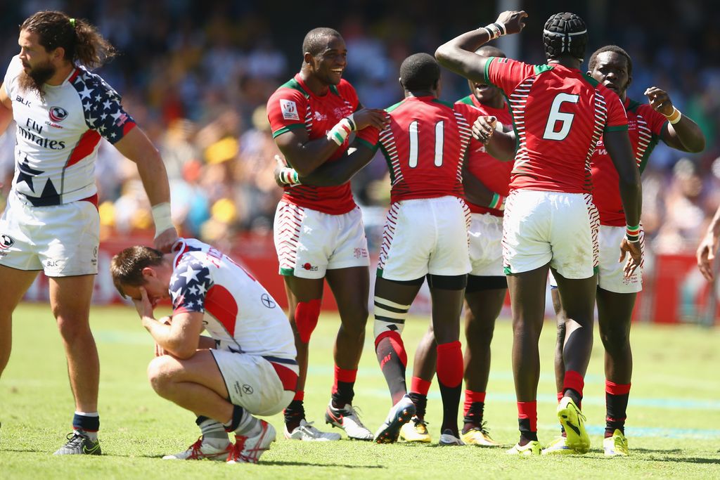 SYDNEY, AUSTRALIA - FEBRUARY 07:  Kenya celebrate victory during the 2016 Sydney Sevens plate semi final match between Kenya and the United States of America at Allianz Stadium on February 7, 2016 in Sydney, Australia.  (Photo by Mark Kolbe/Getty Images)