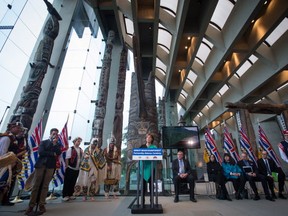 B.C. Premier Christy Clark, centre, takes questions after an announcement regarding protecting British Columbia's Great Bear Rainforest, at the Museum of Anthropology in Vancouver, B.C., on Monday February 1, 2016. An agreement has been reached to protect 85 per cent of British Columbia's Great Bear Rainforest from logging, ending a decades-long battle to safeguard the central coast rainforest. THE CANADIAN PRESS/Darryl Dyck