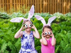 Girls Wearing Bunny Ears and Silly Egg Eyes - Close Up