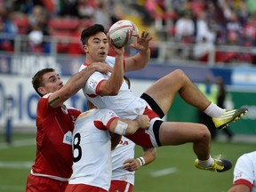 Saturday was an upside down, opposite of good day for Nathan Hirayama and the Canadians at the USA Sevens in Las Vegas. (Photo by David Becker/Getty Images)