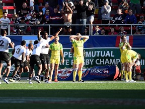 Series leadesr Fiji celebrate after winning the Cup Final against Australia, 21-15, during the USA Sevens, the fifth round of the HSBC Sevens World Series at Sam Boyd stadium on March 6, 2016 in Las Vegas, Nevada. (Photo by Jeff Bottari/Getty Images for HSBC)