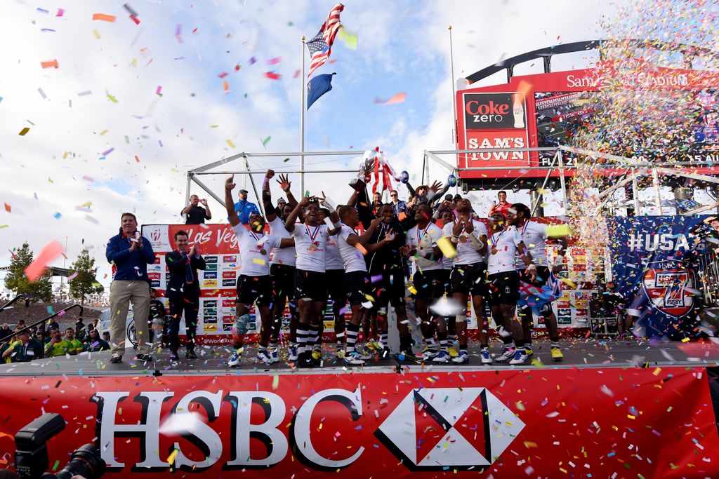LAS VEGAS, NV - MARCH 06: Fiji celebrates after winning the Cup Final against Australia, 21-15, during the USA Sevens, the fifth round of the HSBC Sevens World Series at Sam Boyd stadium on March 6, 2016 in Las Vegas, Nevada. (Photo by Jeff Bottari/Getty Images for HSBC)
