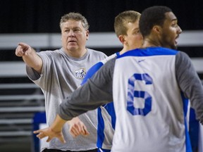 UBC Thunderbirds head men's basketball coach Kevin Hanson makes a point at Jordan Jensen-Whyte and the rest of the 'Birds cap eight straight team practices Wednesday afternoon in advance of Thursday's opening round. (Rick Ernst, PNG)