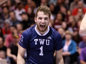 Trinity Western's Tyler Koslowsky exults during CIS men's gold-medal victory over McMaster on Saturday. (Mark Janzen, TWU athletics)