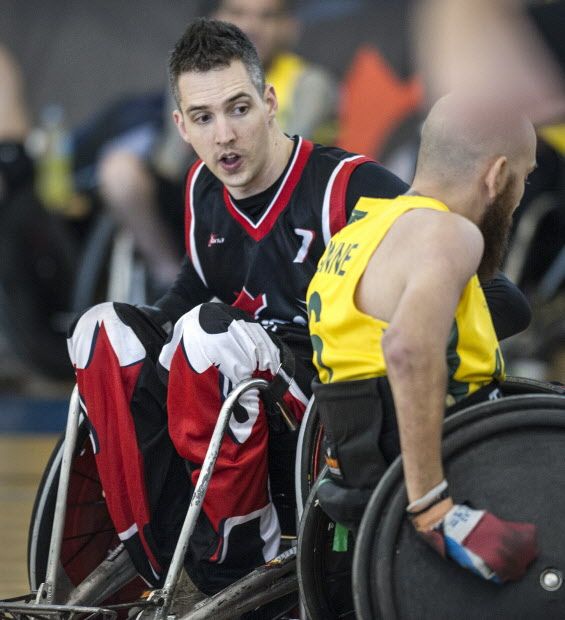 Byron Green in action for the Canadian wheelchair rugby team at the Richmond Oval in 2014. A thief made off with a set of Green's wheels - he'd like to get them back. (Steve Bosch/PNG) 