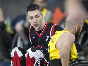 Byron Green in action for the Canadian wheelchair rugby team at the Richmond Oval in 2014. A thief made off with a set of Green's wheels - he'd like to get them back.  (Steve Bosch/PNG)