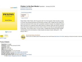 Feb. 21, 2016 — A screen shot from Amazon.com of the sales pitch for a book allegedly written by serial killer Robert Pickton.