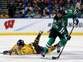 Brock Boeser scored six points at the Frozen Four, helping UND to the 2016 NCAA men's hockey title.  (Photo by Elsa/Getty Images)