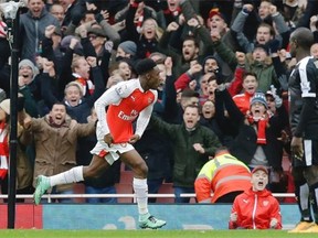 Arsenal’s  Danny Welbeck celebrates after scoring his side’s second goal against Leicester City at the Emirates Stadium in London last weekend.