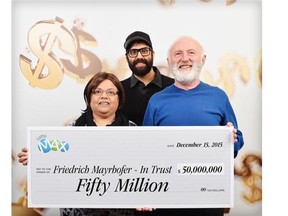 $50-million Lotto Max winners Annand Mayrhofer, Eric Mayrhofer, centre, and Friedrich Mayrhofer on Dec. 15, 2015. An online scam is circulating as far as Florida in the form of an email that uses the couple's names to phish for sensitive personal information by offering big bucks in return.