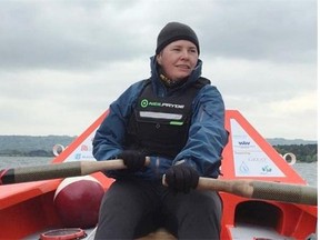 Brenda Robbins rows in the waters off Vancouver. She will attempt to row 81 hours continuously on an indoor rowing machine next week as a tune-up for the Great Pacific Race from California to Hawaii in June.