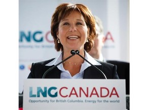 British Columbia Premier Christy Clark speaks at an announcement about a joint venture agreement with Shell Canada Energy, PetroChina Corporation, Korea Gas Corporation and Mitsubishi Corporation to develop a proposed liquefied natural gas (LNG) export project, in Vancouver, B.C., on Wednesday April 30, 2014. The proposed project is to be located in Kitimat, B.C. THE CANADIAN PRESS/Darryl Dyck ORG XMIT: VCRD105