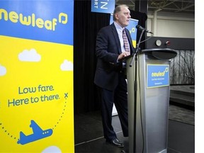 Dean Dacko, Chief Commercial Officer of NewLeaf Travel, speaks at a press conference in the arrivals area of the John C. Munro Hamilton International Airport, on Wednesday, Jan. 6, 2016. Officially launched today, the new low-cost carrier is scheduled to provide initial departures starting Feb. 12, 2016, for non-stop flights to and from Hamilton, Halifax, Winnipeg, Regina, Saskatoon, Kelowna and Abbotsford.