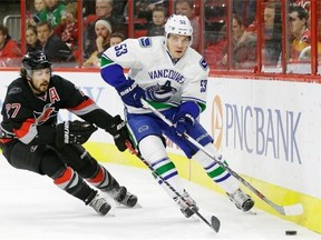 Carolina Hurricanes’ Justin Faulk (27) and Vancouver Canucks’ Bo Horvat (53) chase the puck during the first period of an NHL hockey game in Raleigh, N.C., Friday.