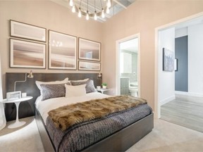 Caroline Boisvert created a gallery wall of framed artwork in this display suite bedroom. [Handout] For Westcoast Homes profile on March 26, 2016.

‘Lighting is everything,’ says interior designer Caroline Boisvert, who worked on the Epic at West development on Columbia Street.