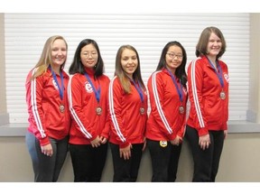 The Centennial Secondary girls curling team, from left: leads Lea Maier and Susan Jun, second Catera Park, third Yuxin Zhang, and skip Heather Drexel. They are coached by Lisa Mulzet.