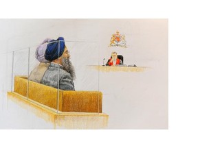 A copy of Courtroom artist Jane Wolsak's sketch depicting B.C. Supreme Court Judge T. McEwan (background) and Inderjit Singh Reyat at the Law Courts in Vancouver, B.C. on March 8, 2010. Reyat is accused of lying 27 times during the trial of Ripudaman Singh Malik and Ajaib Singh Bagri. Reyat is the only person ever convicted in the 1985 Air India bombing.