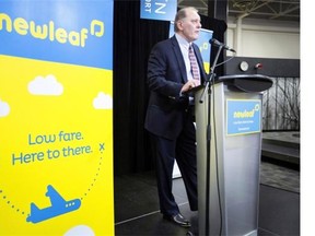 Dean Dacko, Chief Commercial Officer of NewLeaf Travel, speaks at a press conference in the arrivals area of the John C. Munro Hamilton International Airport, on Wednesday, Jan. 6, 2016.