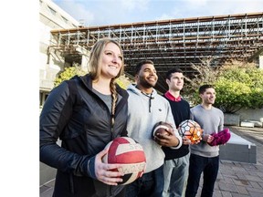 DECEMBER 9,  2015. SFU student athletes who do very well academically. From left to right:  Christine Howlett (volleyball), Jordan Herdman (football), Brandon Watson (soccer) and Lorenzo Smith (cross country).