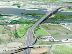 The George Massey Tunnel Replacement Project is depicted in a frame from a B.C. government video.   — PNG files