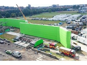 A green screen on the set of the film "Avengers: Age of Ultron" shot in London, England, is shown in a handout photo. Four partners — David McIntosh, Steve Smith, Mike Branham and Mike Kirilenko — have been named Oscar winners for engineering and developing the cutting-edge green screen, called the Aircover Inflatables Airwall.