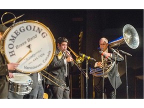 The Homegoing Brass band starts of the Celebration of Life to Leon Bibb at the Arts Club Theatre on Granville Island in Vancouver, B.C.  Sunday January 10, 2016.