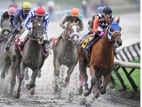 Horses charge through the mud at the B.C. Premier’s Handicap at a muddy Hastings Racecourse Oct. 12, 2015.